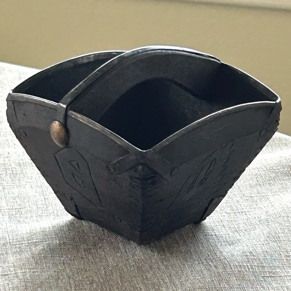 Chinese Sheng Rice Grain Measure Bucket Wood Iron Bound Hand Carved 4 Inch